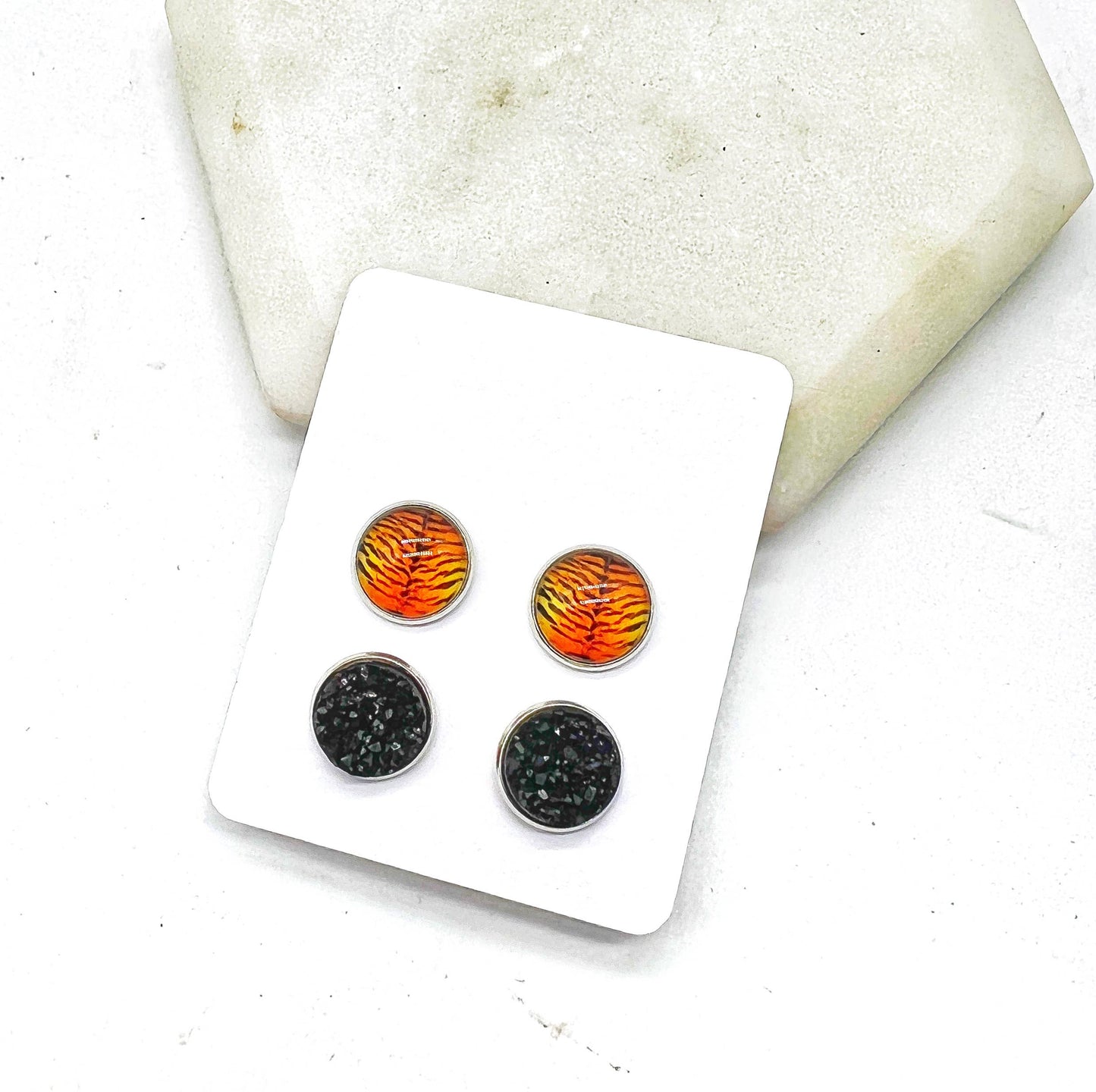 Orange Bengal Tiger Print Druzy Stud Set