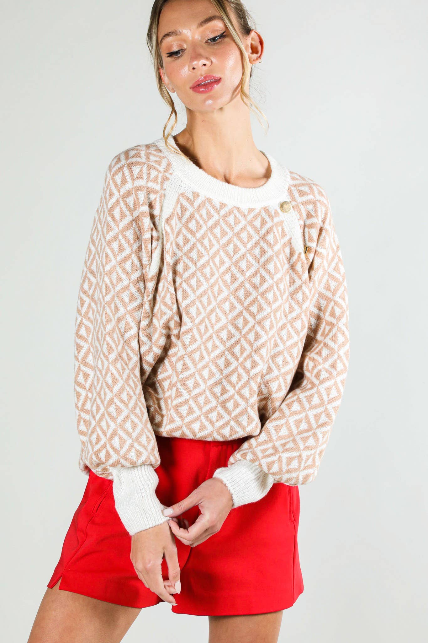 Taupe Geo Patterned Button Detailed Sweater