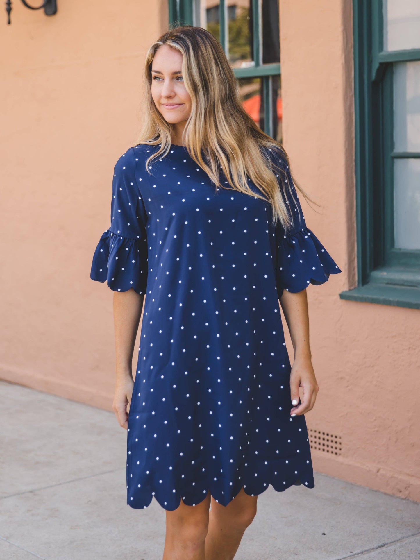 Navy Polka Dot Haylie Scallop Dress