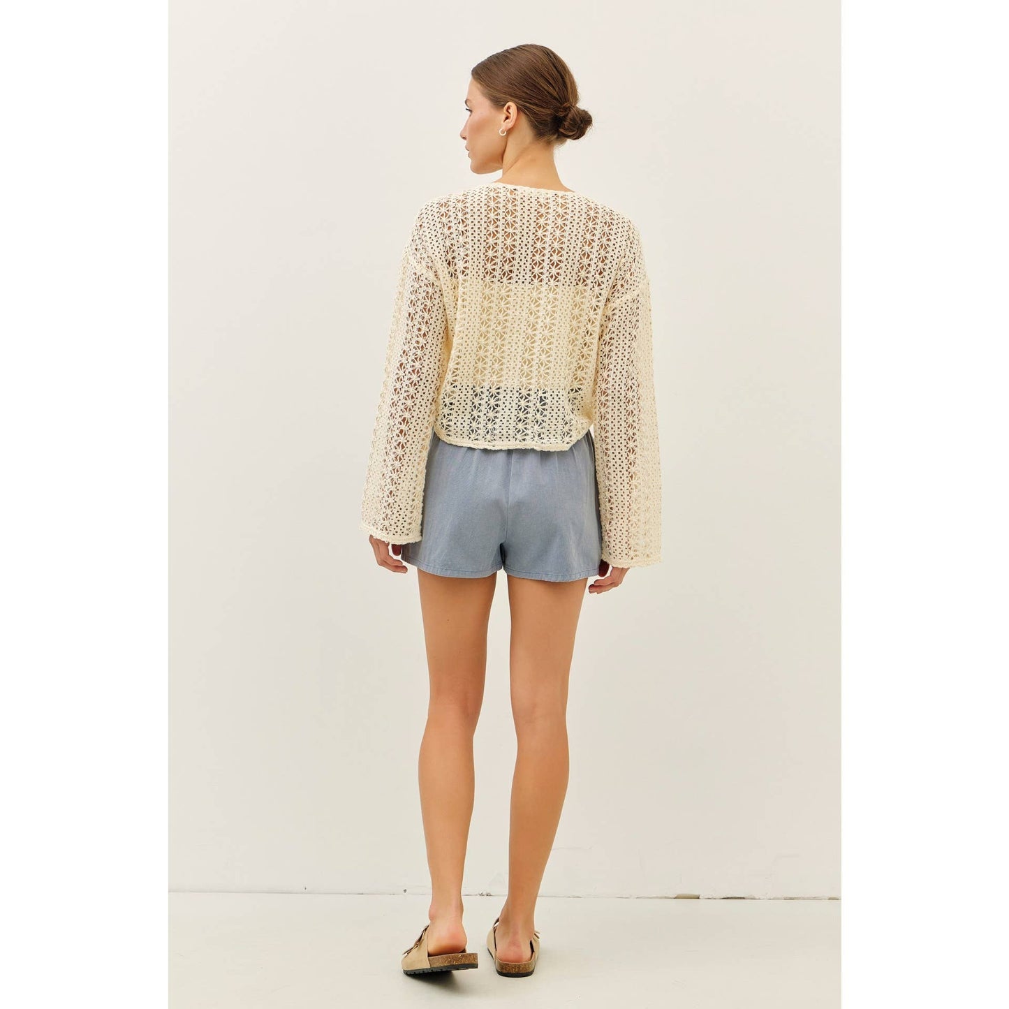 Cream Sheer Floral Crochet Top With Bell Sleeves