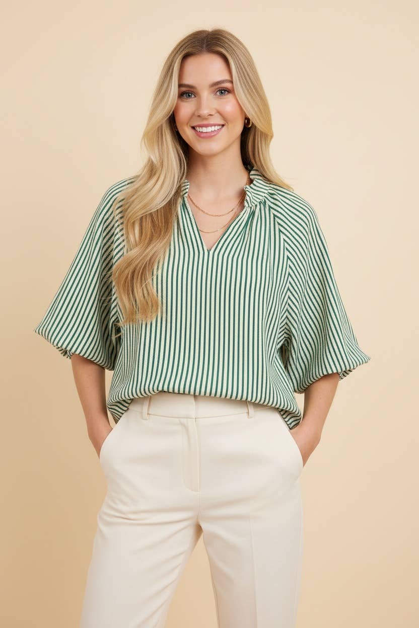 HT20081 Vertical Stripe Bubble Sleeve Scallop Hem Blouse (Copy): IVORY/GREEN / 2-2-2(S-M-L)