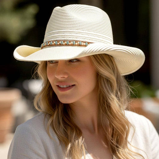 Ivory Beaded Band Summer Straw Cowboy Hat
