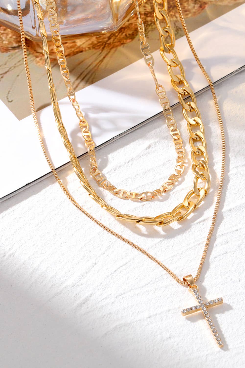 Gold LDC Plated Cross Pendant Multi Layer Stacked Chains Necklace