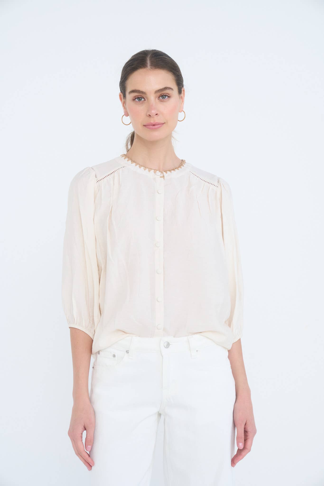 Ivory Contrast Stitch Button Down Half Sleeve Top