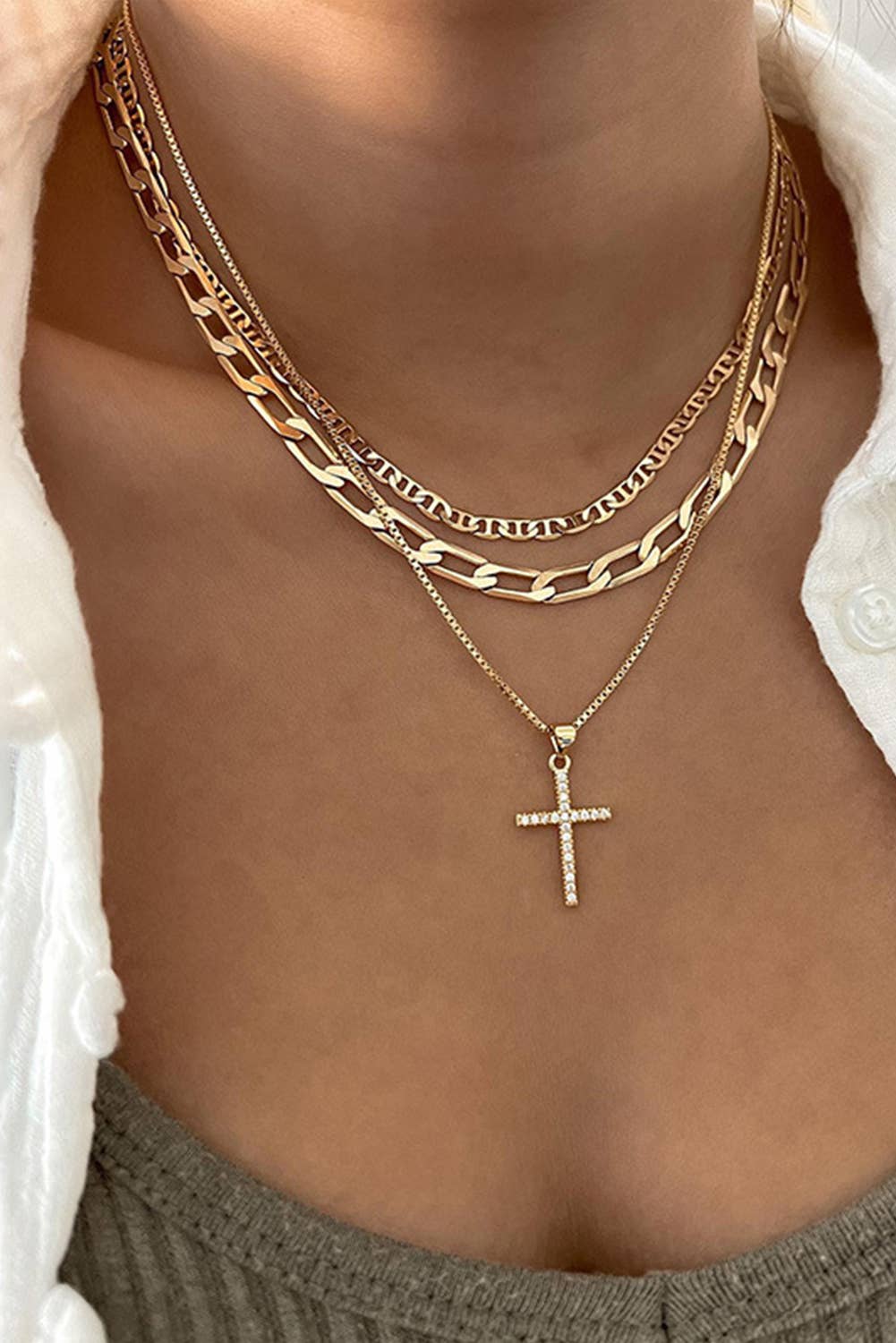 Gold LDC Plated Cross Pendant Multi Layer Stacked Chains Necklace