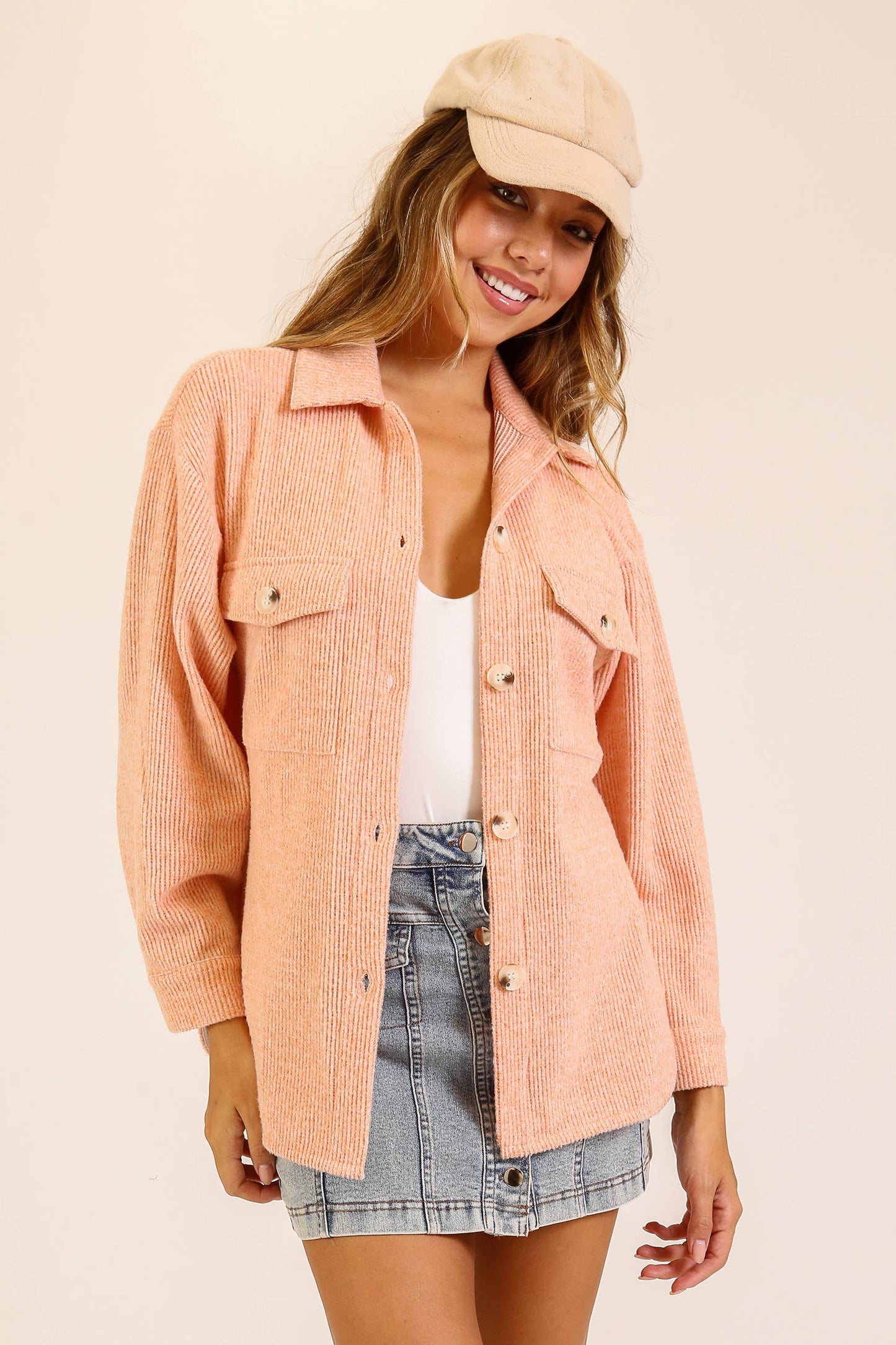 Brushed Waffle Button-Up Shacket: Brown / S