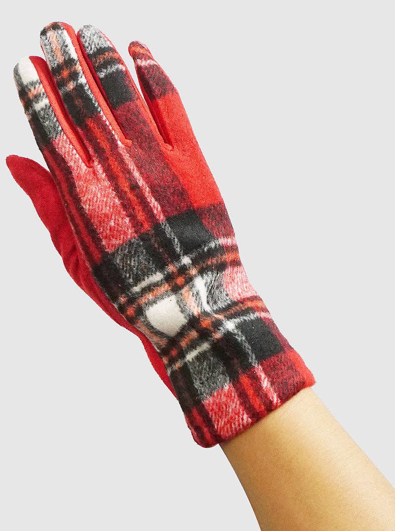 Red Plaid Suede Touchscreen Gloves