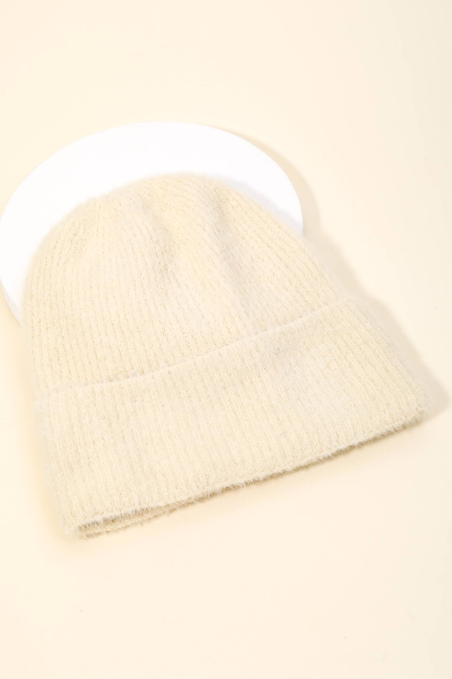 Beige Fuzzy Ribbed Beanie