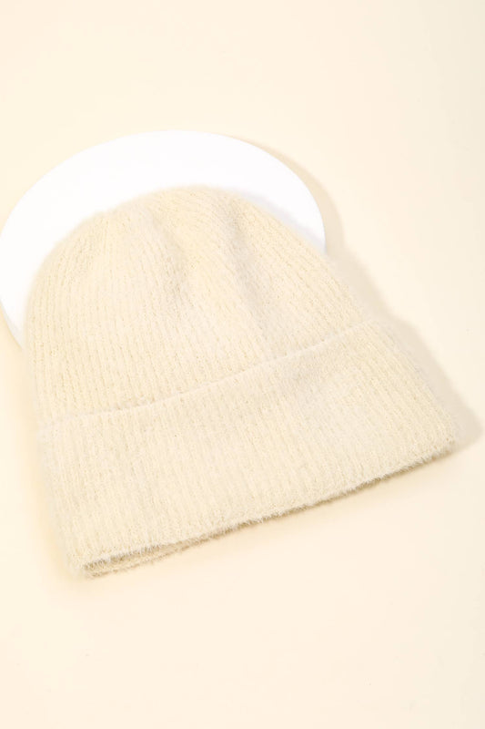Beige Fuzzy Ribbed Beanie