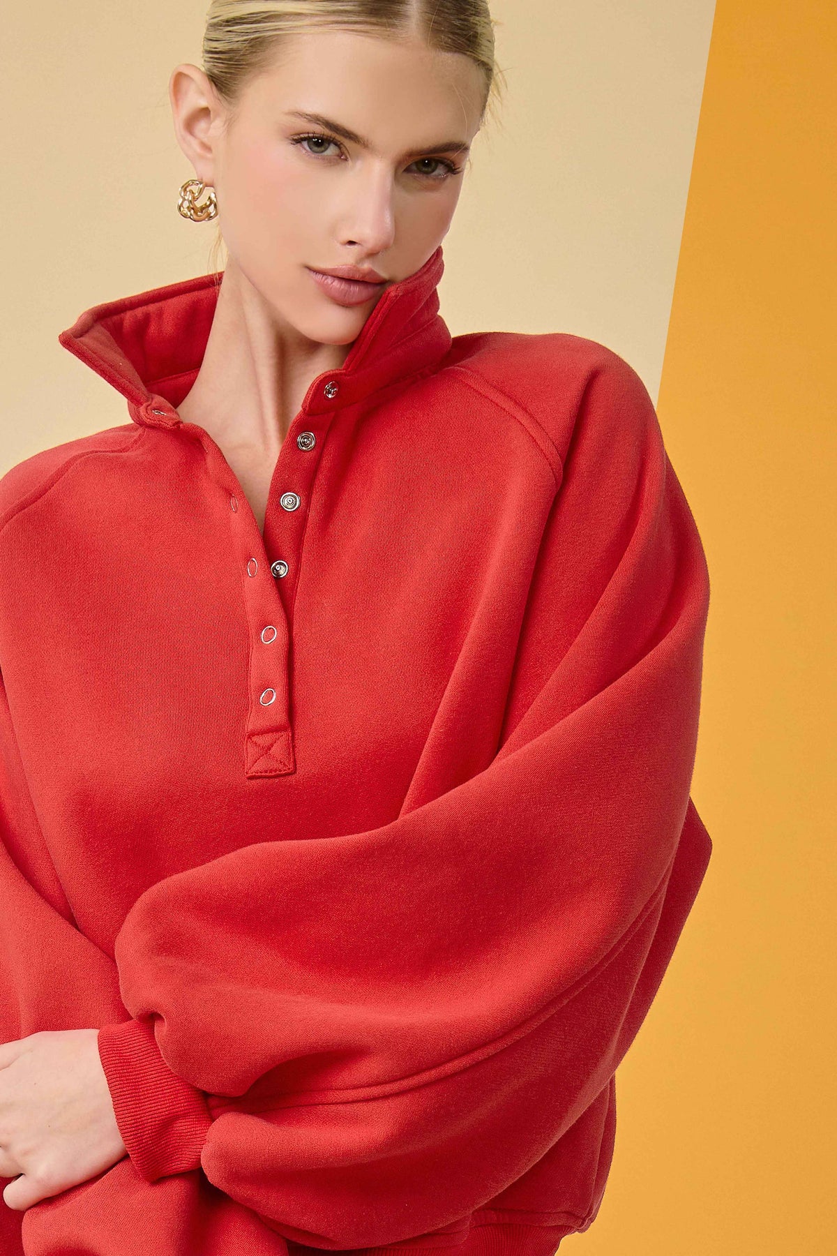 Fire Red Oversized Snap-Button Collared Mock Neck Sweatshirt