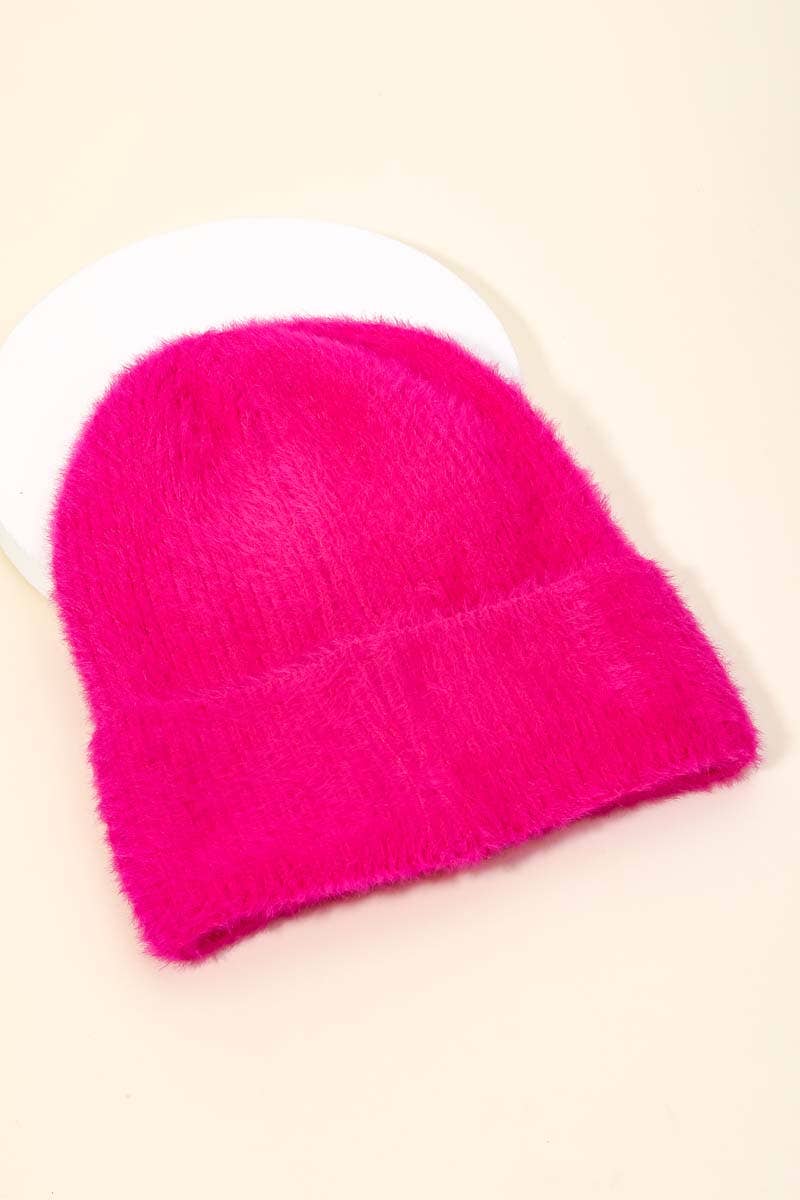 Fuchsia Color Fuzzy Ribbed Beanie
