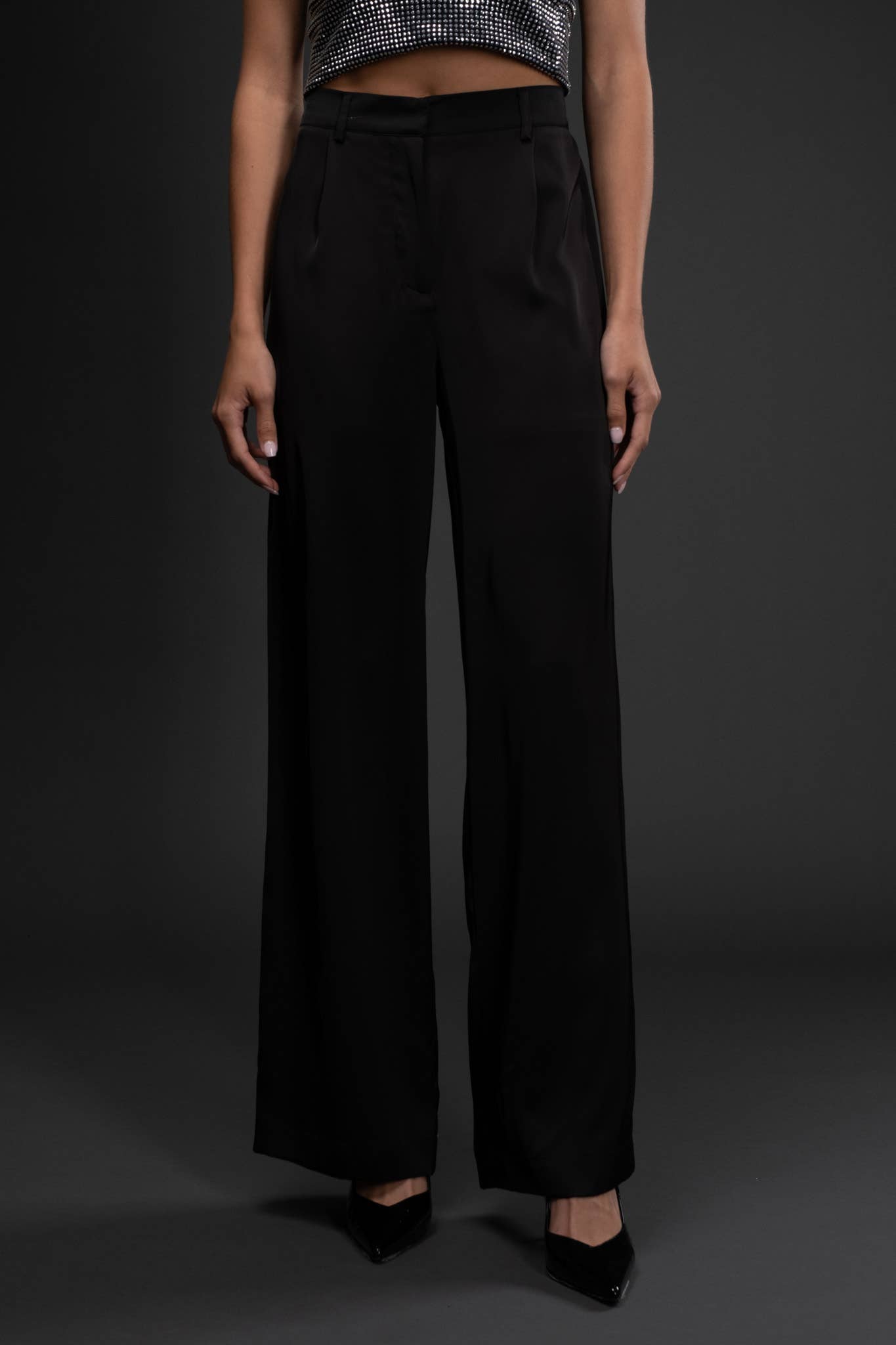 Black High Waist Satin Wide Leg Dress Pants