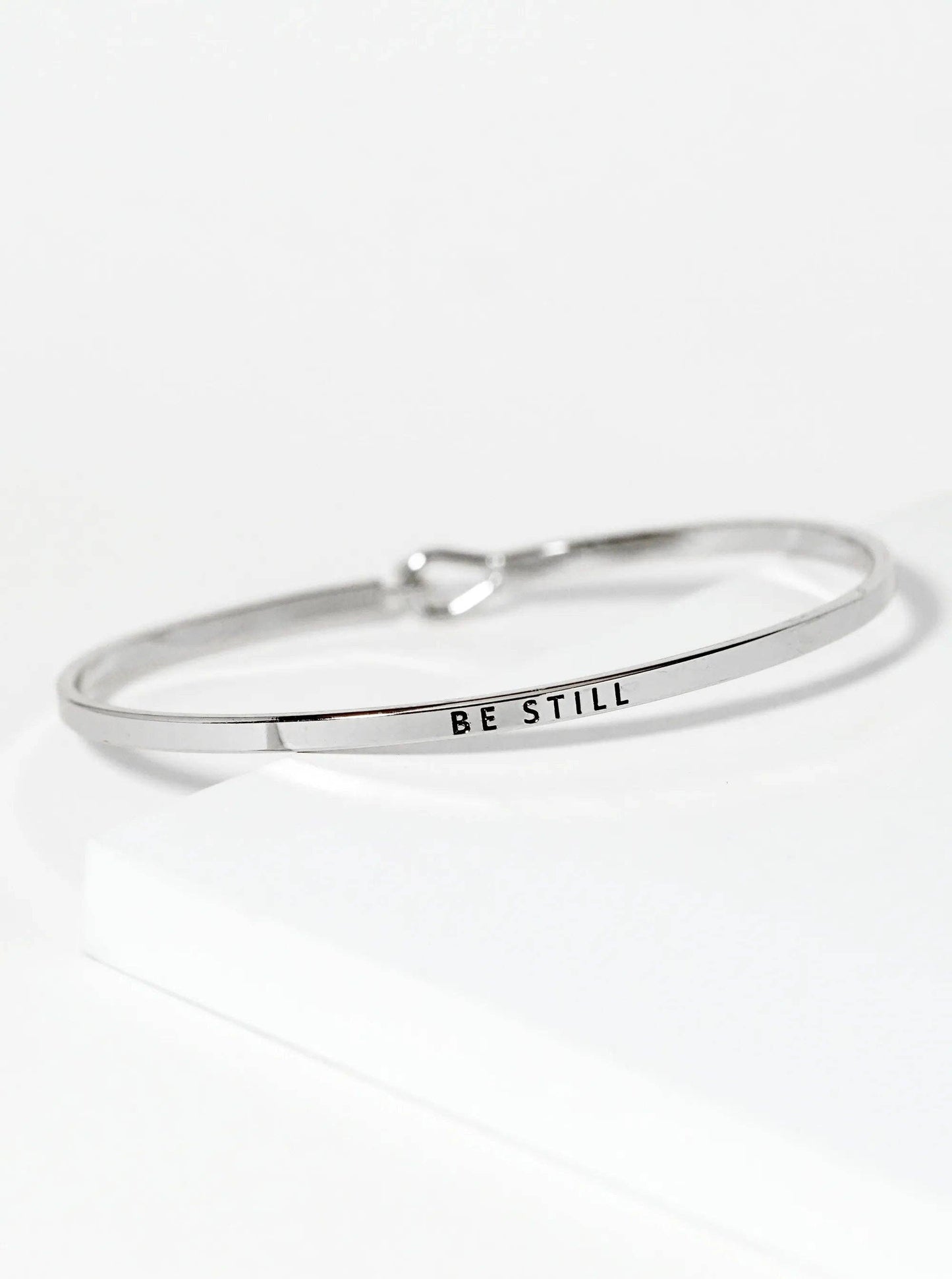 "Be Still" Engraved Rhodium Inspirational Bangle Bracelet