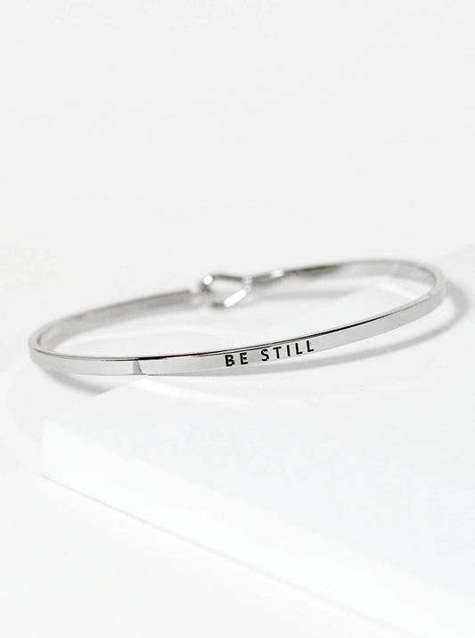 "Be Still" Engraved Rhodium Inspirational Bangle Bracelet