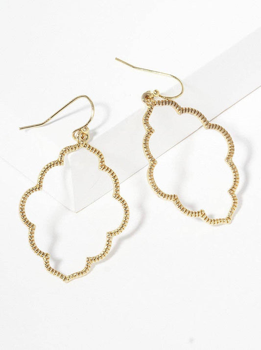Gold Textured Metal Moroccan Shape Dangle Earrings