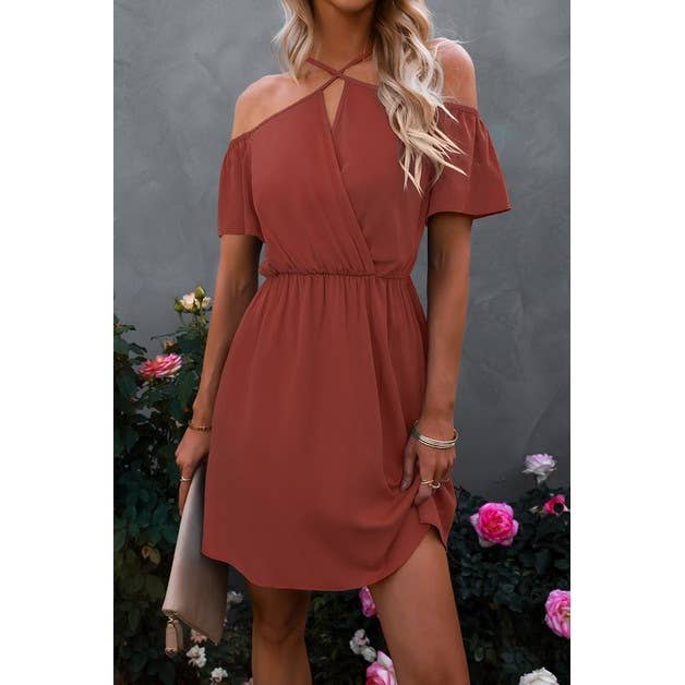 Rust Cross Straps Off Shoulder Dress