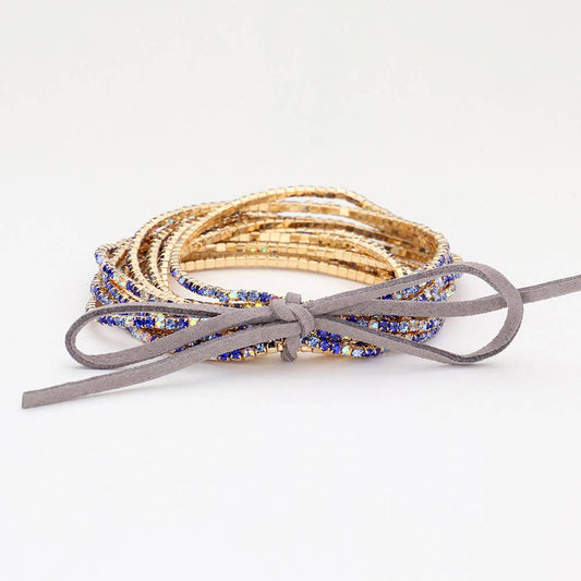 Blue Ribbon 12 Piece Rhinestone Layered Stretch Bracelet Set