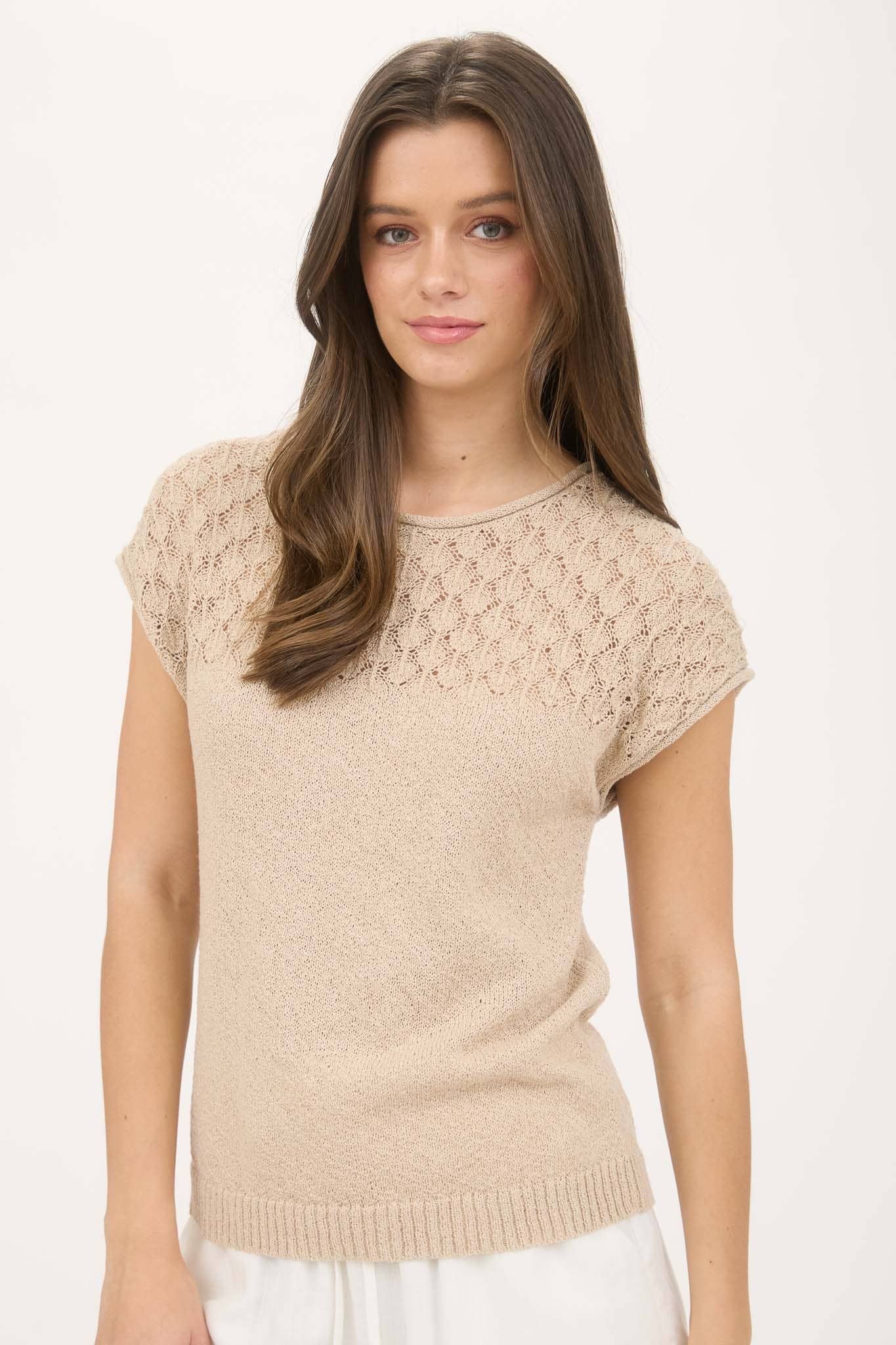 Light Khaki Eyelet Yoke Short Sleeve Sweater