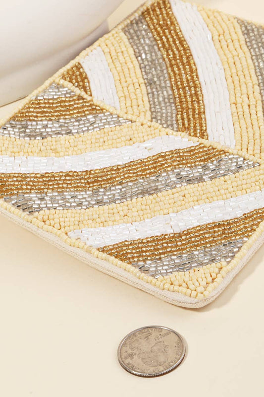 Striped Patter Seed Beaded Coin Pouch Bag