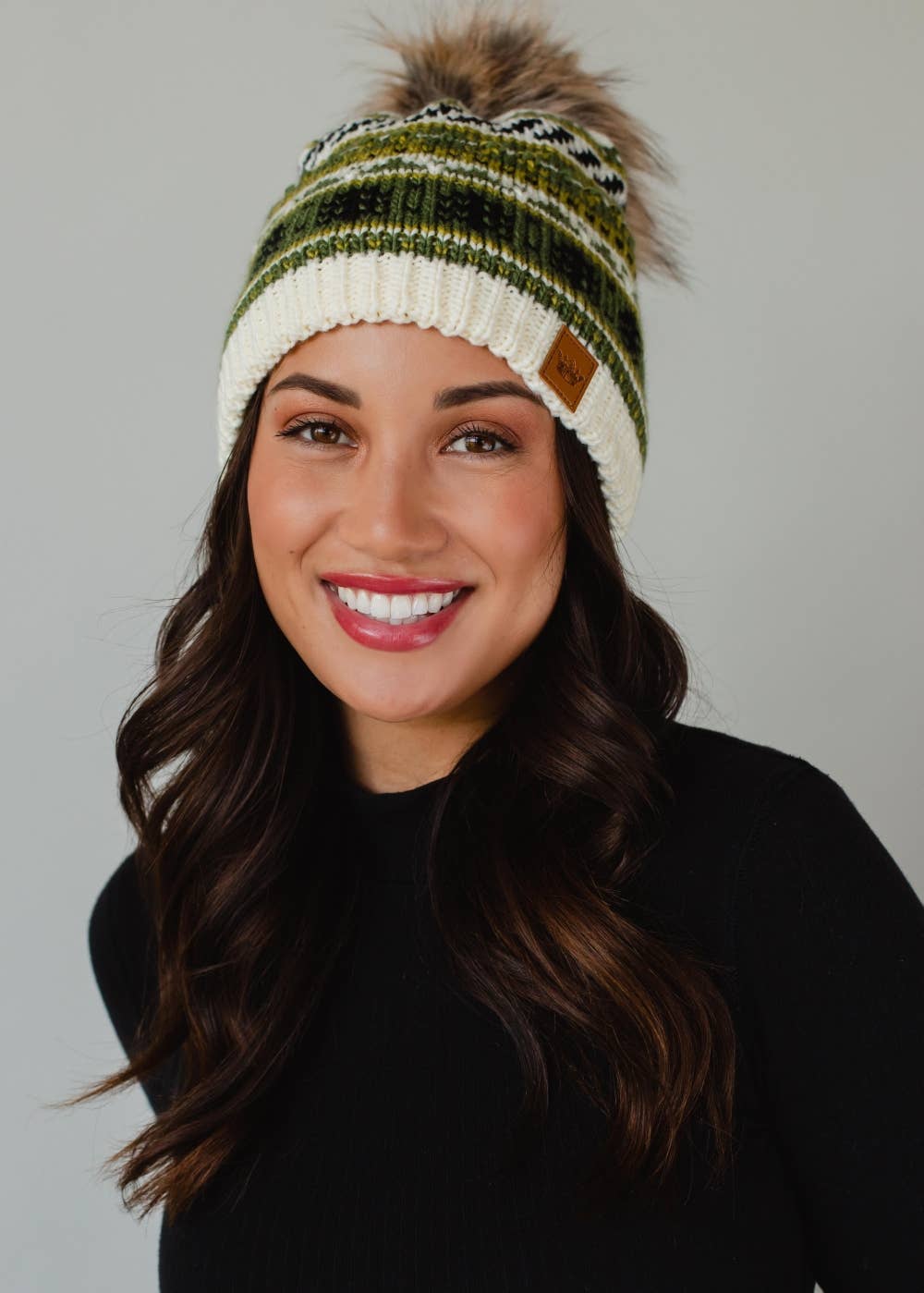 Ivory, Green & Black Christmas Pattern Pom Hat