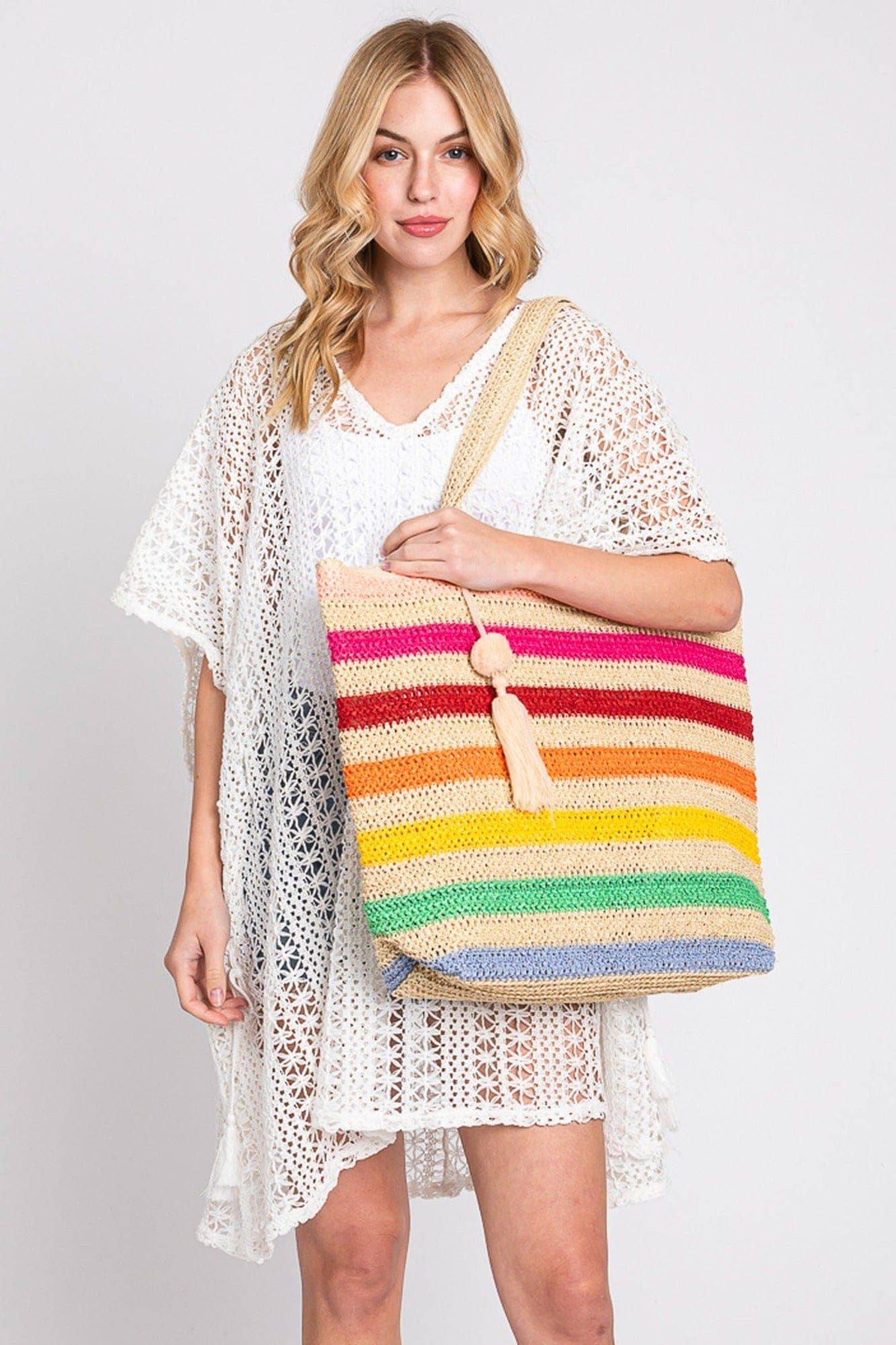 Amara Rainbow Crochet Tote Bag With Tassel