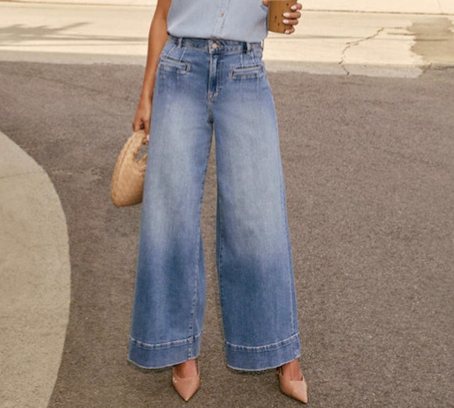Casual Wide Leg Stretch Washed Denim Pants