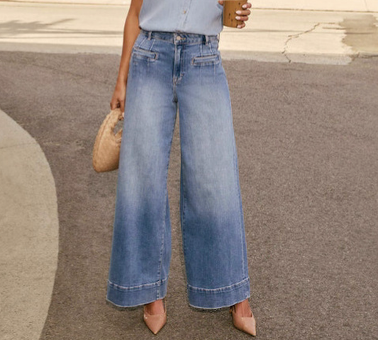 Casual Wide Leg Stretch Washed Denim Pants