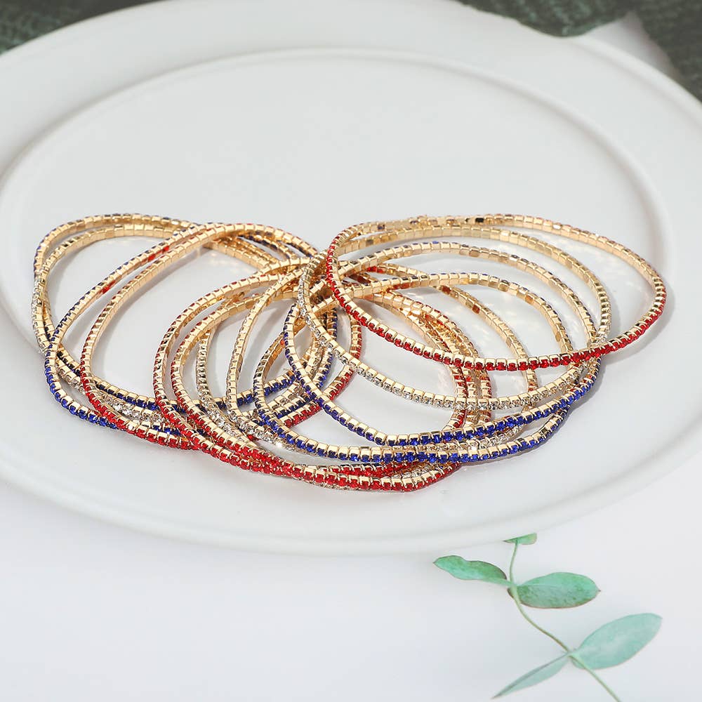 12PCS - American USA Rhinestone Stretch Multi Layered Bracelets