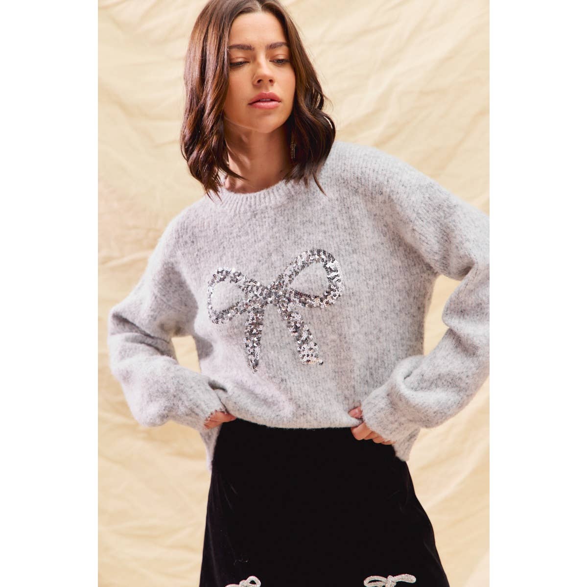 Grey/Silver Ribbon Sequins Holiday Sweater