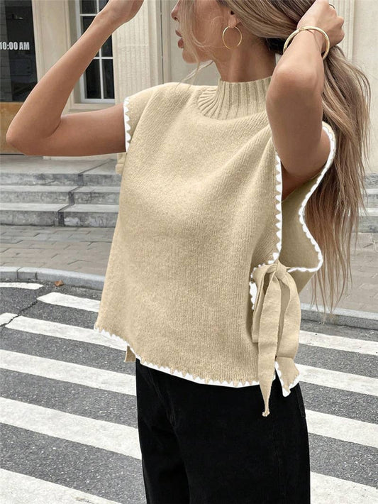 Apricot Contrast Trim Lace-Up Open Side Sweater Vest