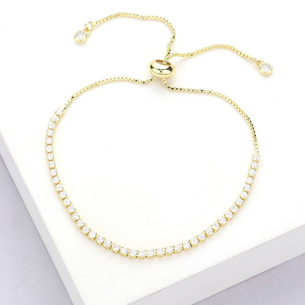 Stainless Steel CZ Stone Tennis Chain Pull Tie Adjustable Bracelet: Gold