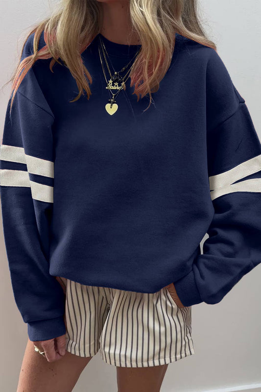 Navy Blue Varsity Striped Detail Drop Shoulder Sweatshirt