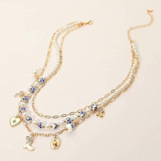 Pearl Floral Ceramic Ball Beaded Layered Necklace