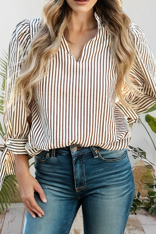 Beige Striped Frill V Neck Knot Bracelet Sleeve Blouse