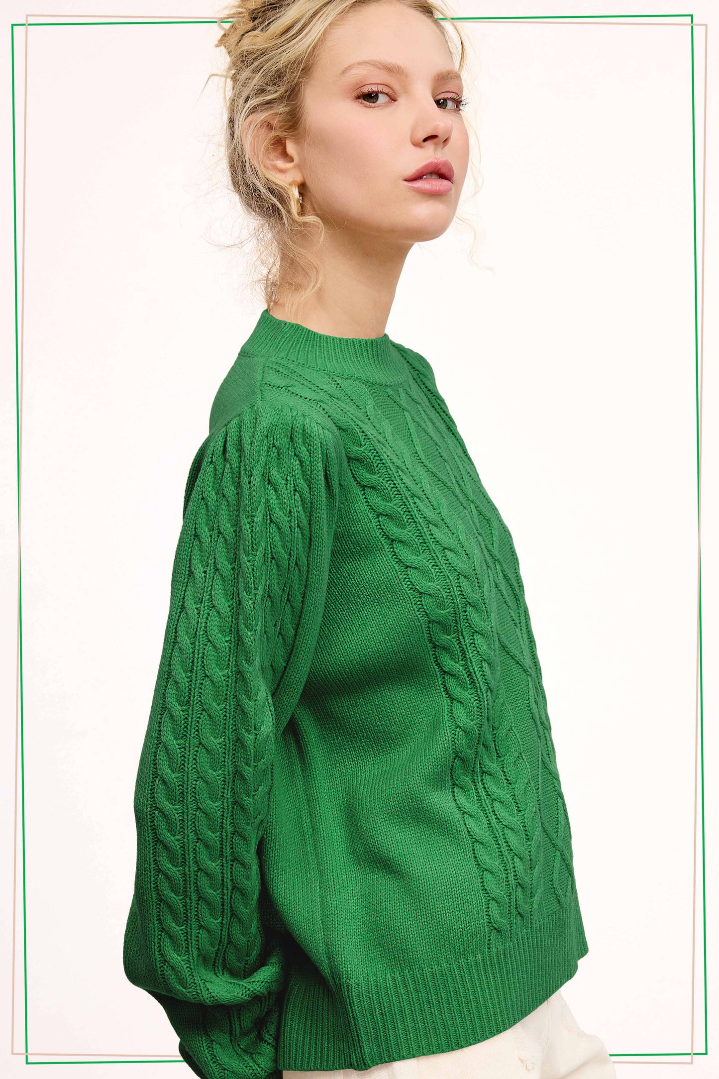 Pine Tree Green Soft Ribbed Crew Neck Cable Knit Sweater