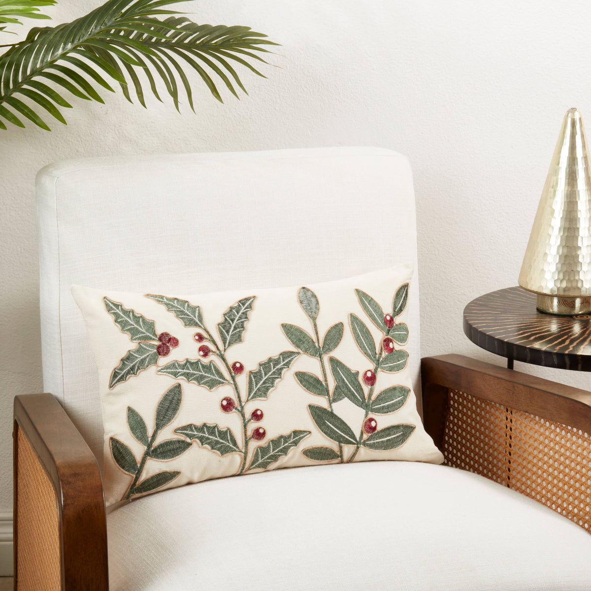 Holly Berry Burst Throw Pillow: Ivory / Cover Only / 12"x20"