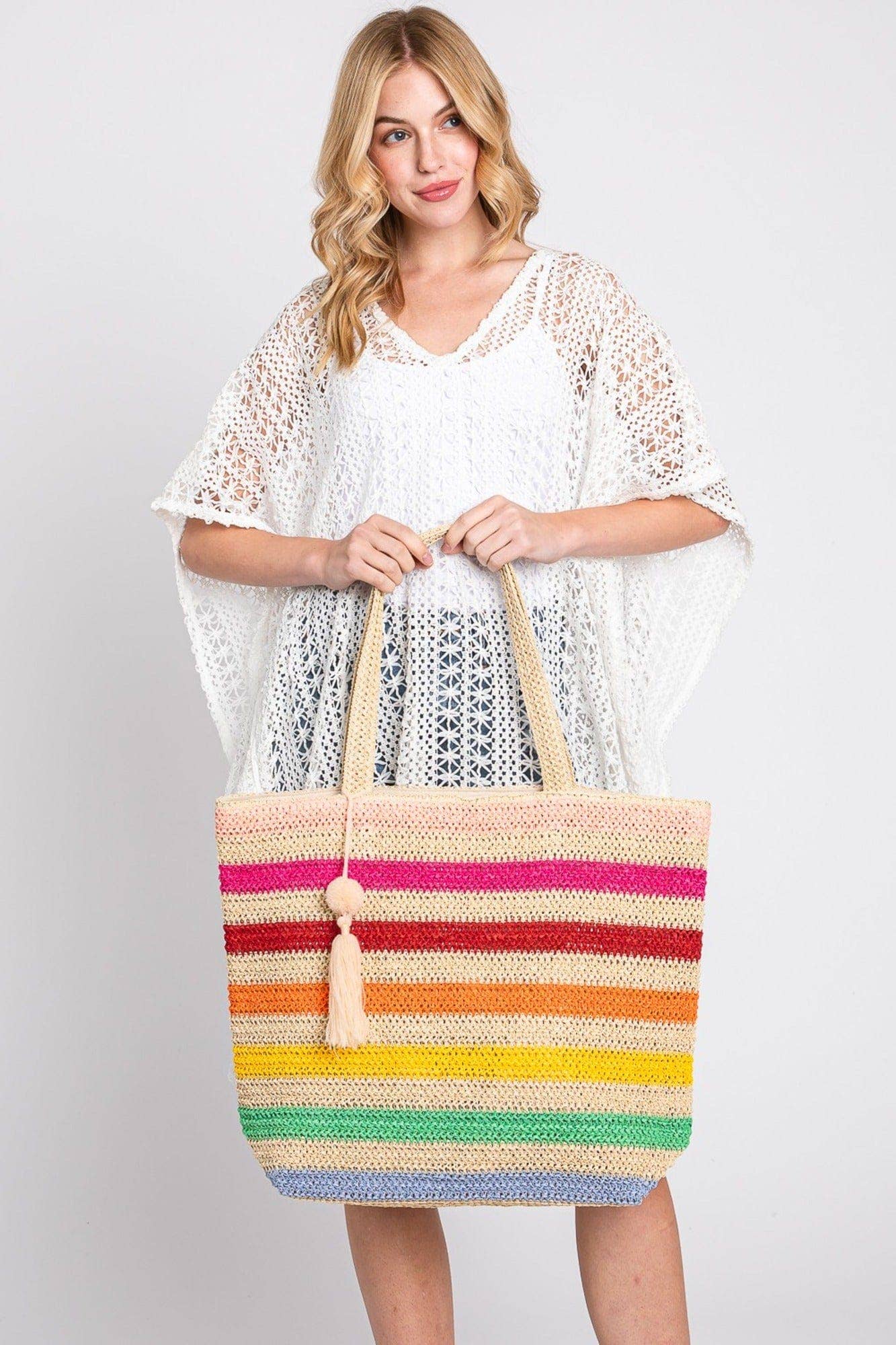 Amara Rainbow Crochet Tote Bag With Tassel