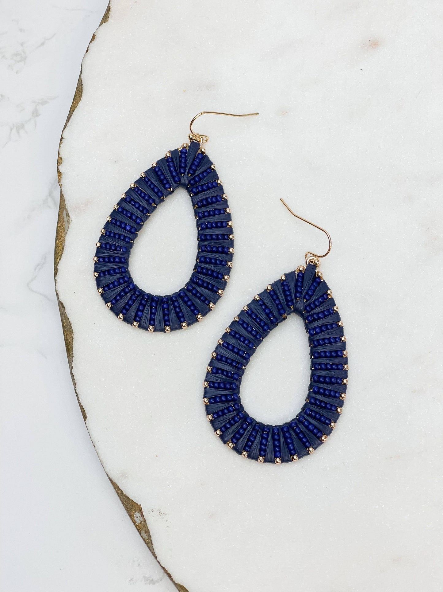 Teal Oval Raffia Beaded Dangle Earrings