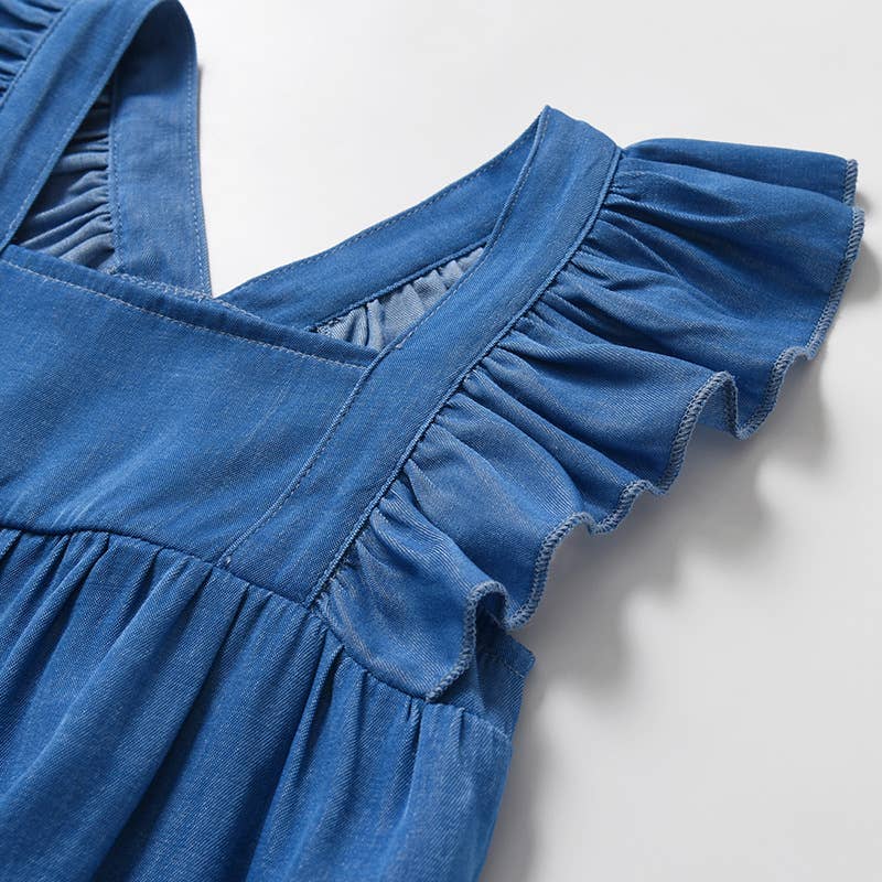 Baby Denim Romper Ruffled Sleeves and Hat Set