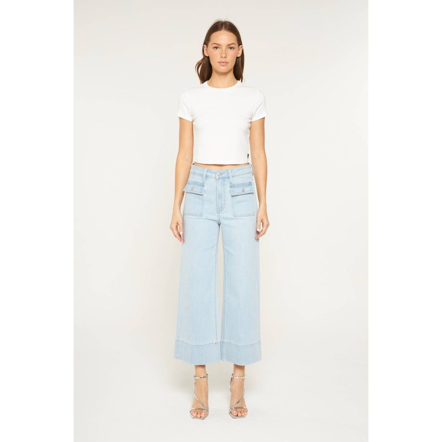 Mica Denim High Rise Cropped Wide Leg Patch Pocket: Blue Grey