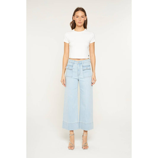 Mica Denim High Rise Cropped Wide Leg Patch Pocket: Blue Grey