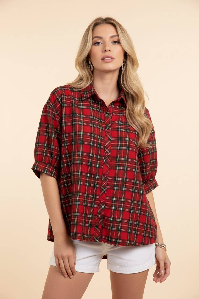 HT20272 Plaid Button Front Collared Short Sleeve Shirt: RED / 2-2-2(S-M-L)