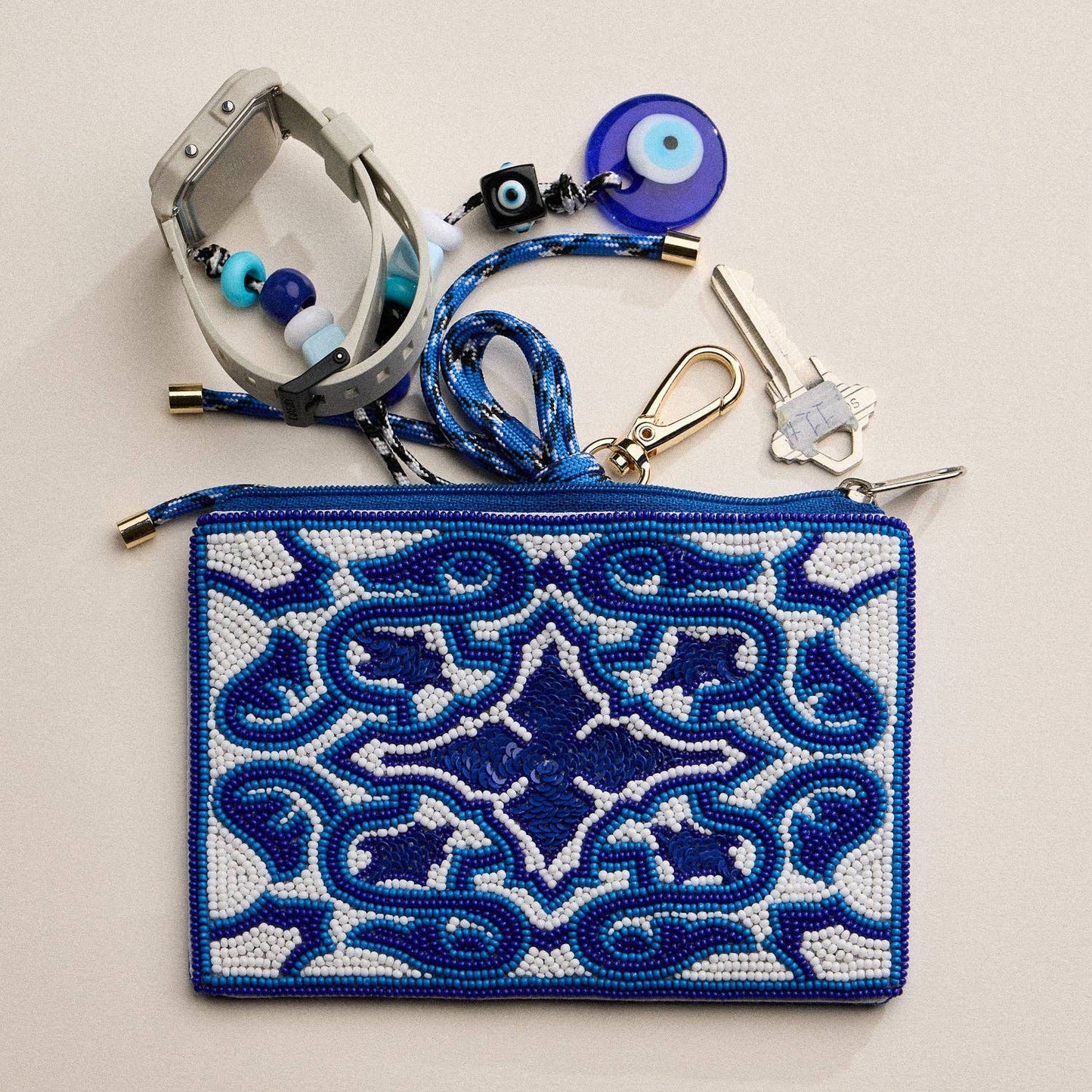 Hand-Beaded Blue Mosaic Pattern Zipper Pouch