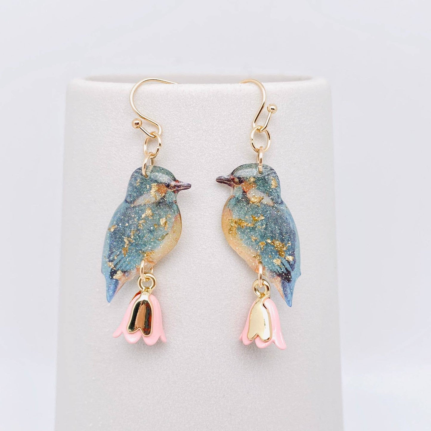 Resin Bird Charm Dangle Earrings: White