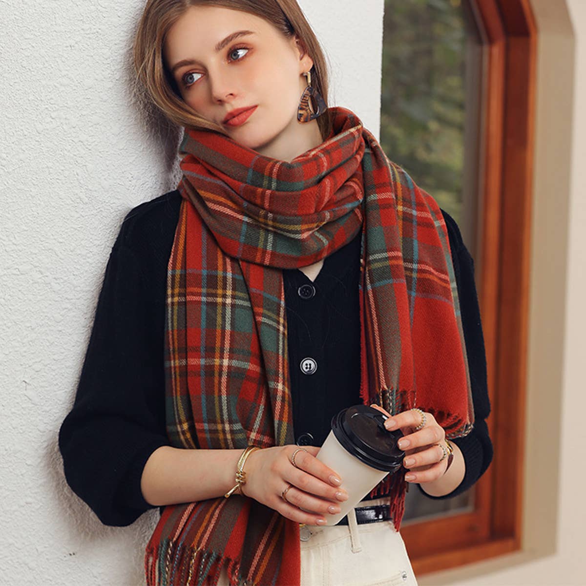 Red Plaid Winter Scarf for Women with Tassels