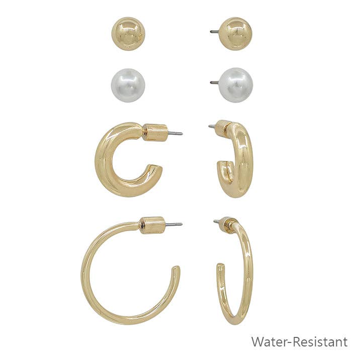 Set of Gold and Pearl Stud & Hoop Earrings