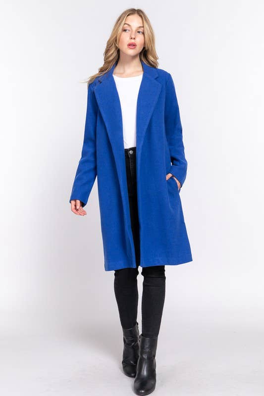 Royal Blue Notched Collar Open Front Long Coat