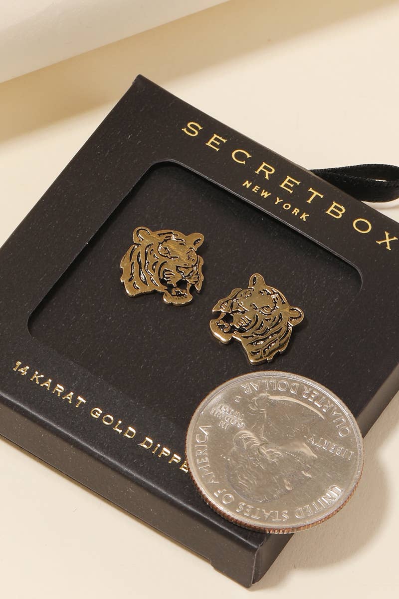 Secret Box Tiger Head Stud Earrings: Gold Tone