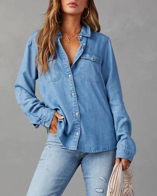 Lapel Single-Breasted Long-Sleeved Denim Shirt