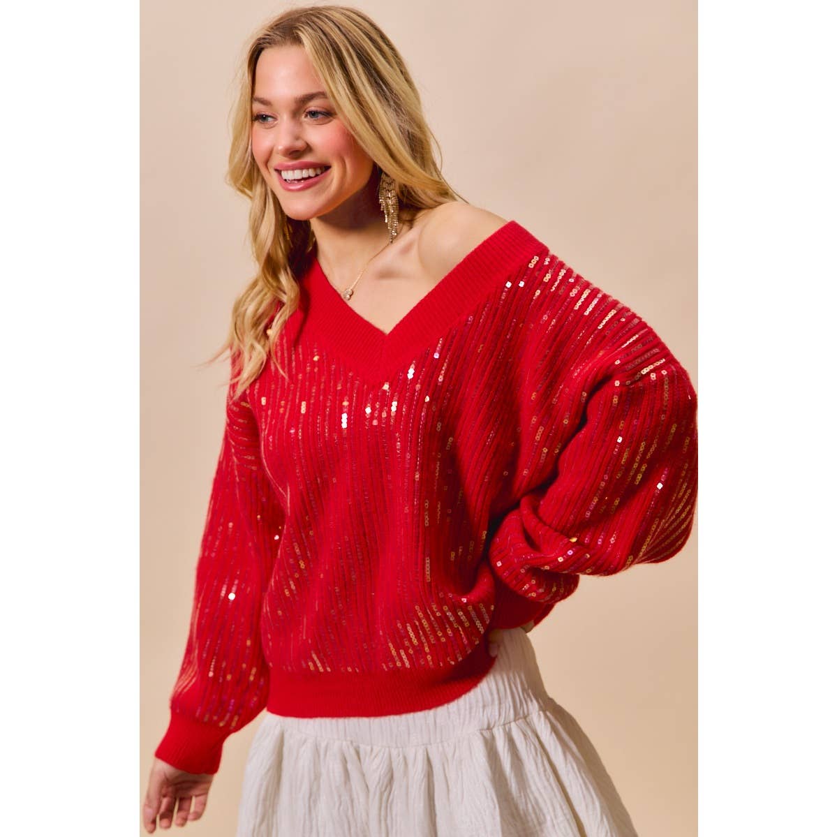 Red Sequins V Neck Sweater